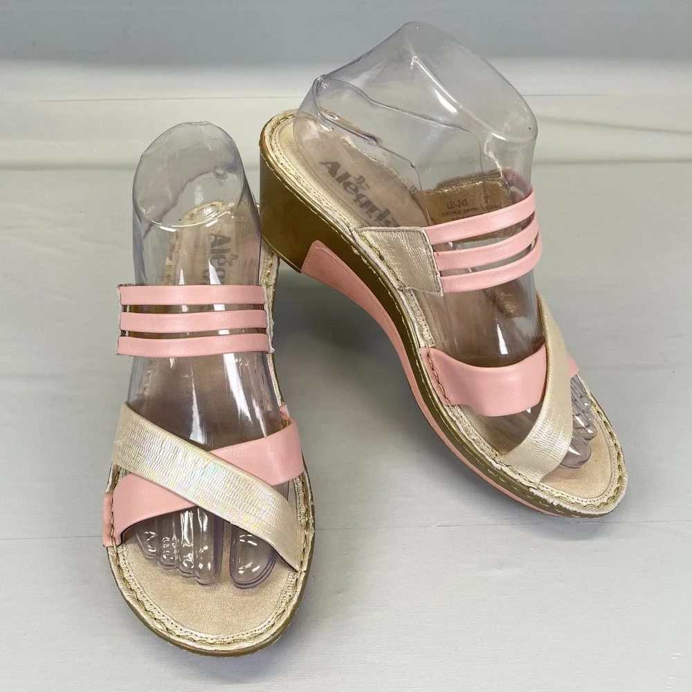 Alegria Leila Wedge Sandals Womens Size 37 US 6.5 Pink Gold Leather Strappy Shoe